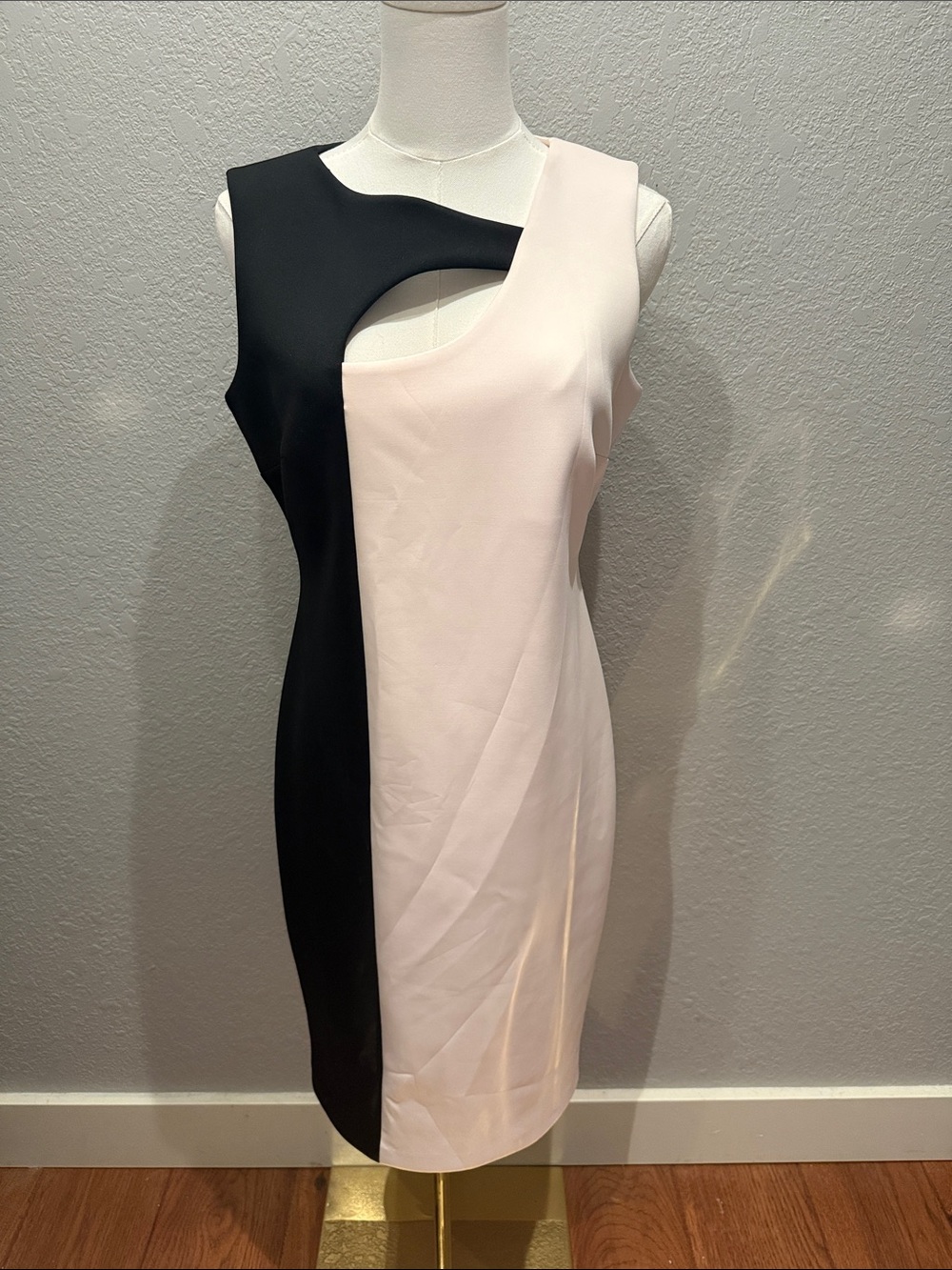 Calvin Klein Black and Light Pink One-Shoulder Cutout Sheath Dress